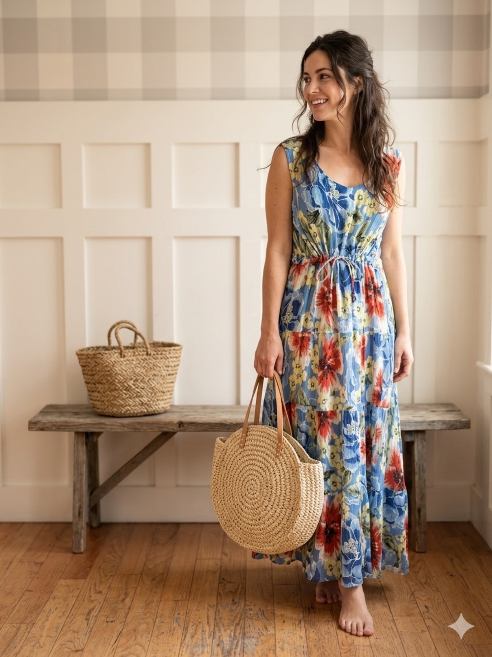 Vintage Sleeveless Blue Floral Tiered Maxi Dress with Drawstring Waist Large